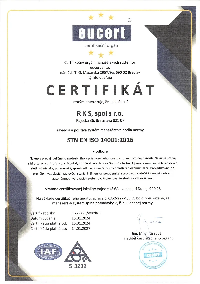 Certifikát STN EN ISO 14001:2016