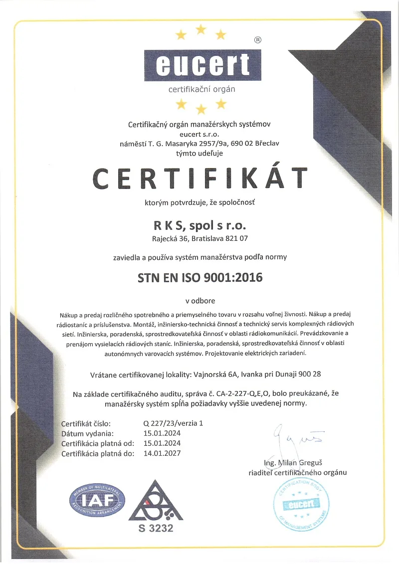 Certifikát STN EN ISO 9001:2016