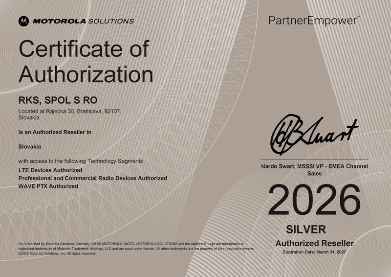 Certifikát Motorola PartnerEmpower, Silver Authorized Reseller 2026