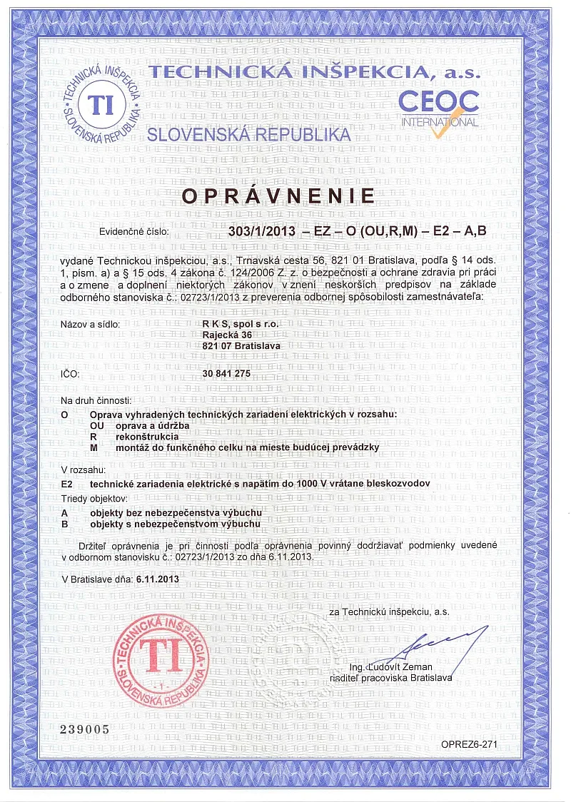 Oprávnenie Technickej inšpekcie 303/1/2013 EZ-O na opravu vyhradených technických zariadení elektrických