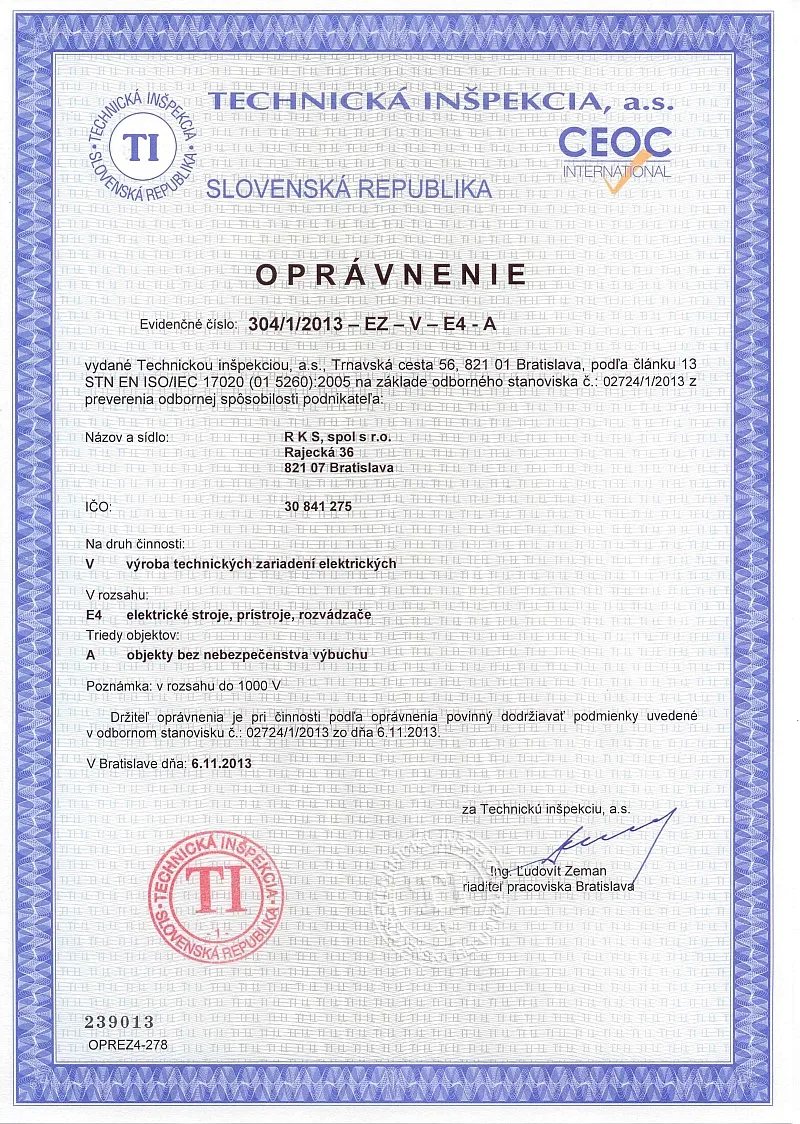 Oprávnenie Technickej inšpekcie 304/1/2013 EZ-V na výrobu vyhradených technických zariadení elektrických